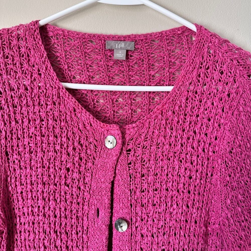 J Jill Open Knit Cardigan Sweater Womens SMALL Linen Blend Button Front Pink - Picture 2 of 11